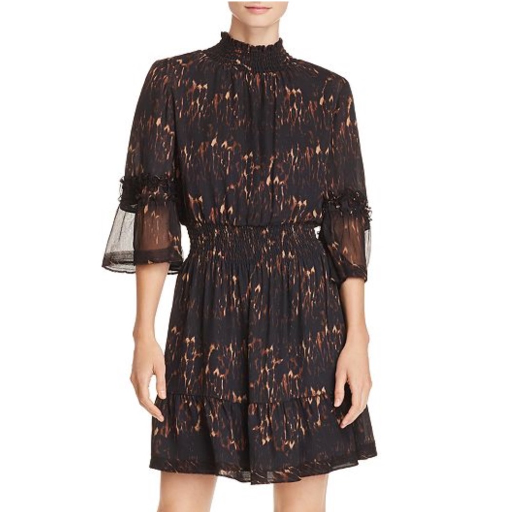 Kobi Halperin Black with Copper-Print Smocked Mini Dress